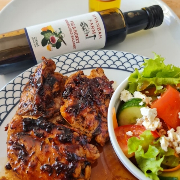 Caramelised Fig And Honey Pan Fried Chicken With Salad And Chips - Myanbah Farm