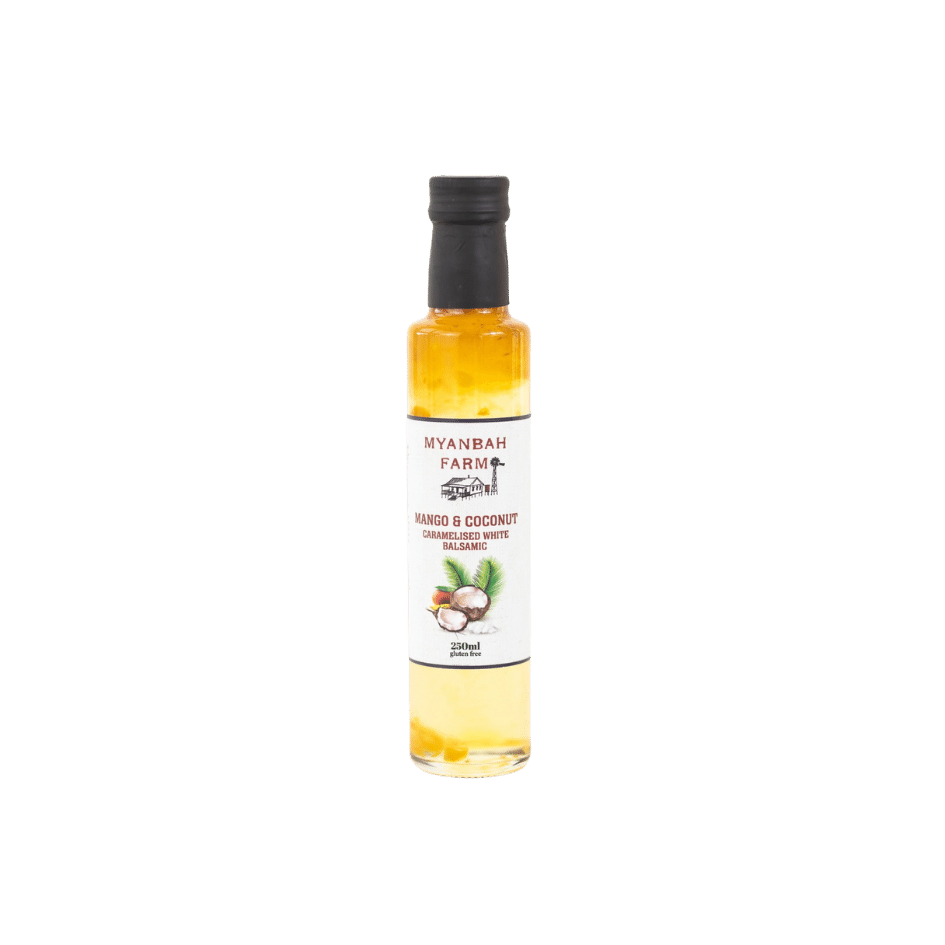 Mango & Coconut White Balsamic VInegar Caramelised Garlic and Lime Aioli by Myanbah Farm made in the hunter valley, NSW Australia