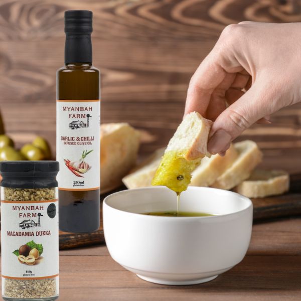 Garlic & Chilli Infused Olive Oil - Macadamia Dukka - Styled - Myanbah