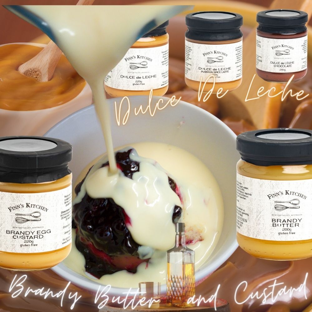 Sweet Christmas Sauces Including Brandy Custard and brandy Butter plus rich South American Dulce De Leche in Chocolate, Pumpkin Spice and Caramel