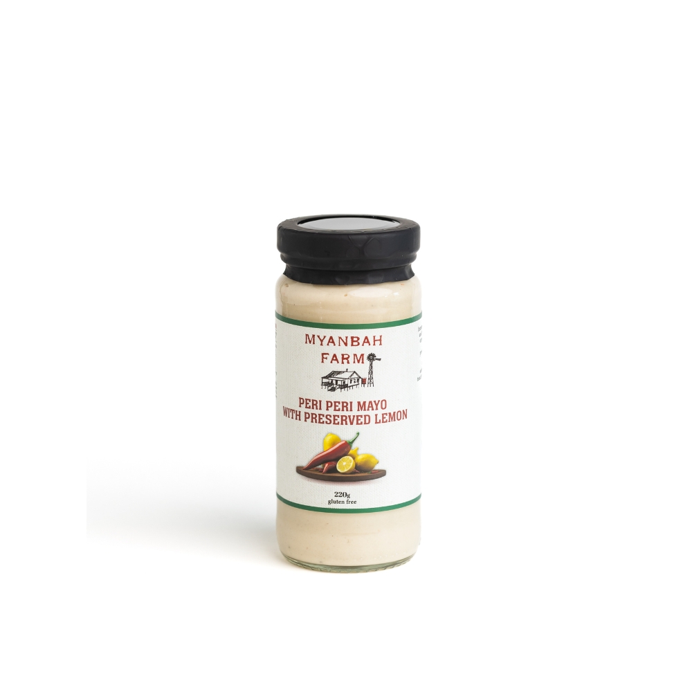 Peri Peri Preserved Lemon Mayo By Myanbah Farm Immerse yourself in the bold and fiery notes of peri peri, expertly balanced with the zesty, citrusy kick of preserved lemon. Use this mayo on flame grilled chicken and barbeque seafood. A fresh and spicy touch to a Greek mezze plate.
