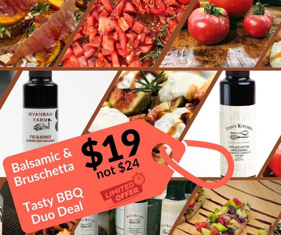 Balsamic and Bruschetta duo save on this perfect bbq duo - A rich, thick and sticky balsamic vinegar with fig and honey, makes the perfect dressing for summer salads. Drizzle over a cheese plate. Use as a glaze for roasted ham or other game meats PL:US Bruschetta - A sticky balsamic glaze to drizzle over bruschetta, Greek style salads or char grilled octopus and squid. Mix with extra virgin olive oil to use as a dipping sauce for warm breads or as an all-round salad dressing.