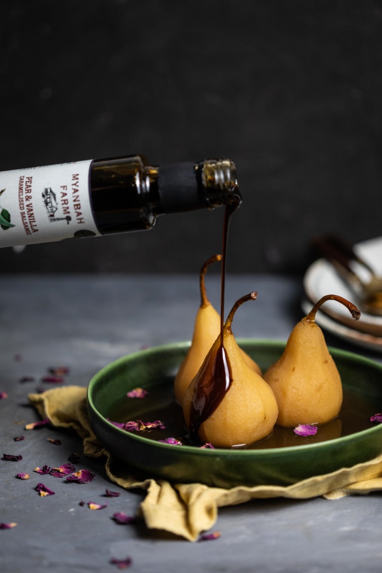 Pear & Vanilla Caramelised Balsamic - Styled - Myanbah Rose Petal Poached Pears