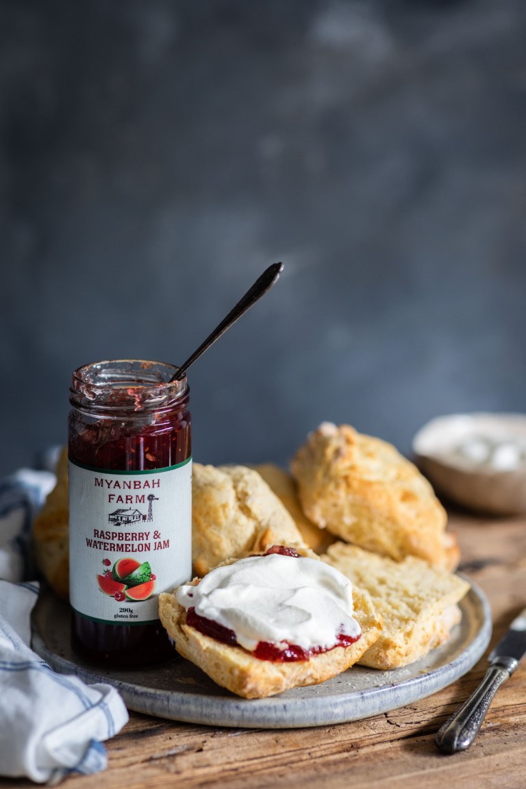 Raspberry & Watermelon Jam - Styled 1 - Myanbah Buttery Scones lathered thick with Raspberry Watermelon Jam and Cream