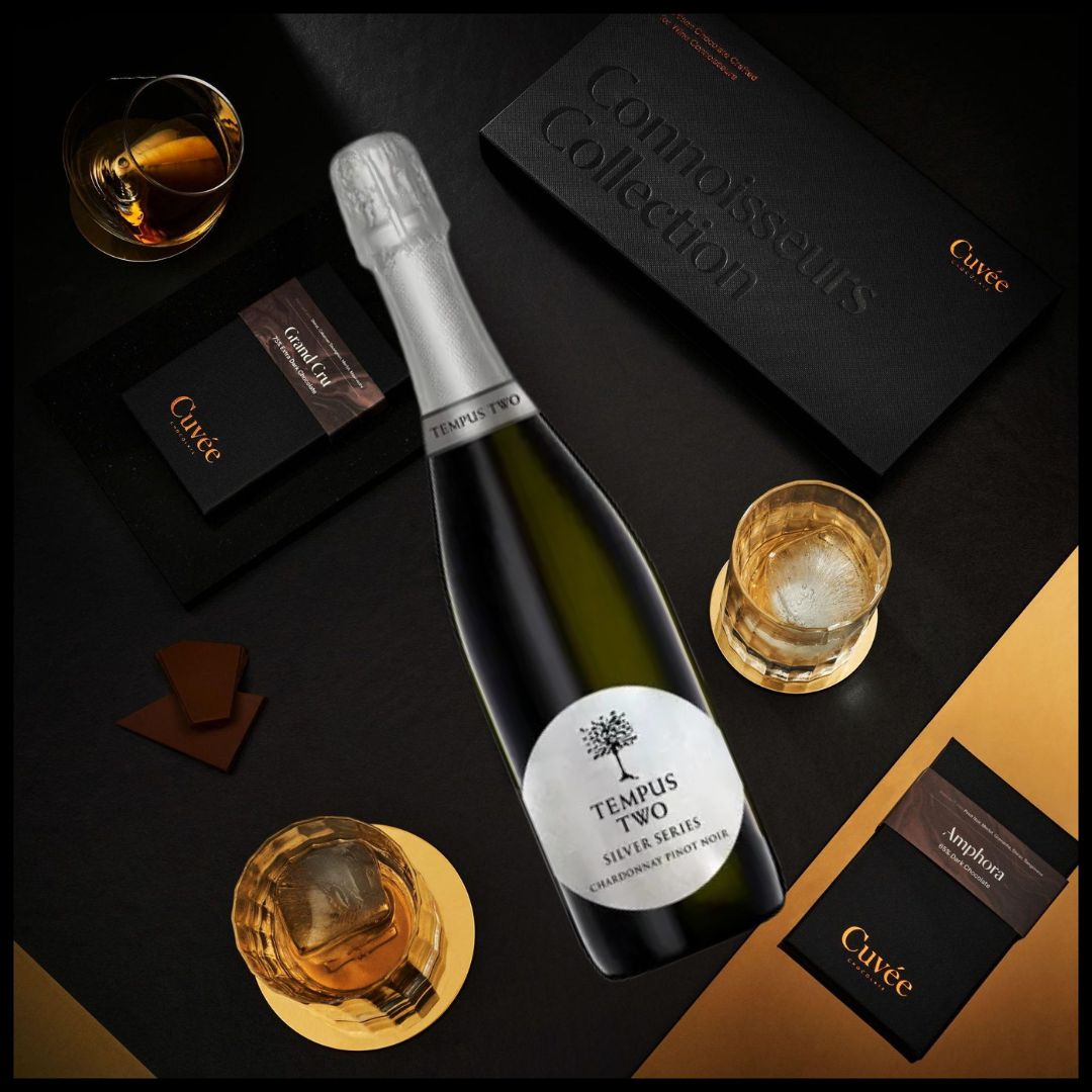 Connoisseurs-Choc-WINE-Pairing-by-Cuvee-with-Tempus-Two-Silver-Series-Chardonnay-Pinot-Noir-NV